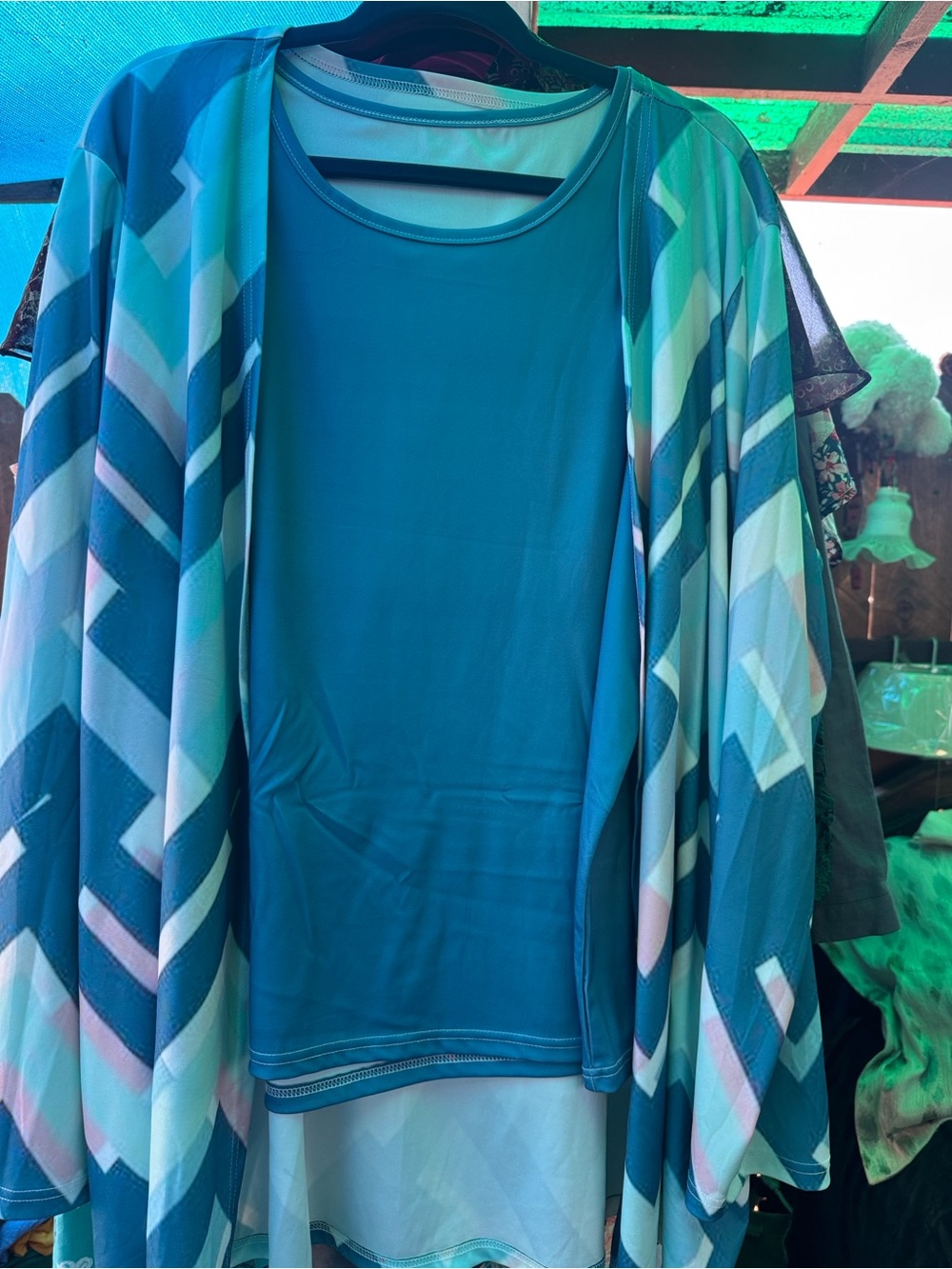 Teal Layered Tunic with Geometric Open Cardigan